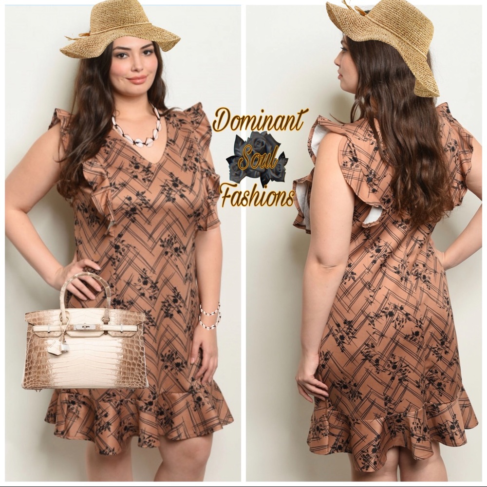 Plus Size Brown Mocha Black Puff sleeve Dress